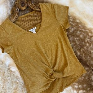 Muted Saffron Cotton Linen Textured Twist T Shirt